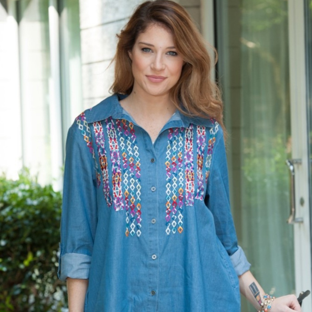 Multi-Color Embroidery Denim Shirt